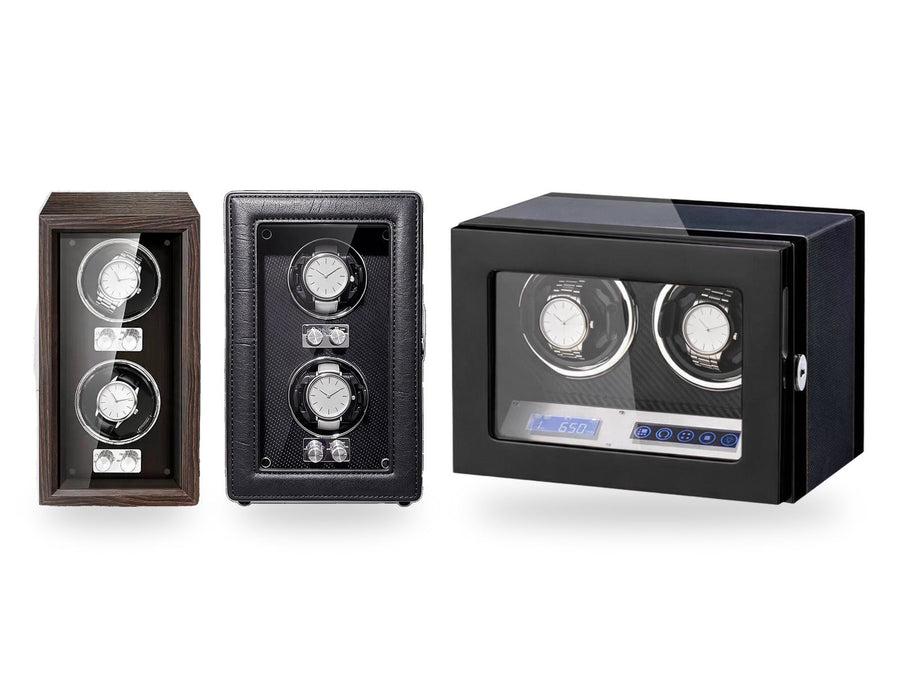 The double winders side by side on a white background, plain unbranded watches on the cushions.