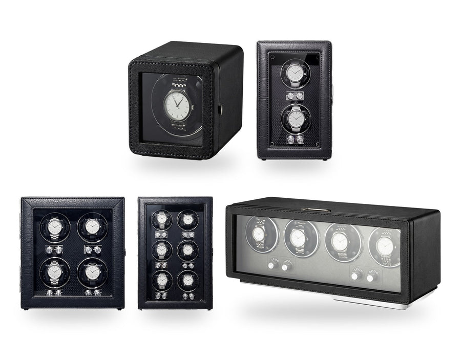 The PU-leather winders side by side on a white background, plain unbranded watches on the cushions.