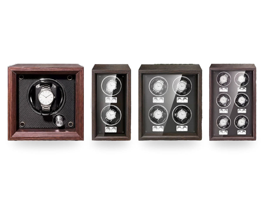 The wooden winders side by side on a white background, plain unbranded watches on the cushions.