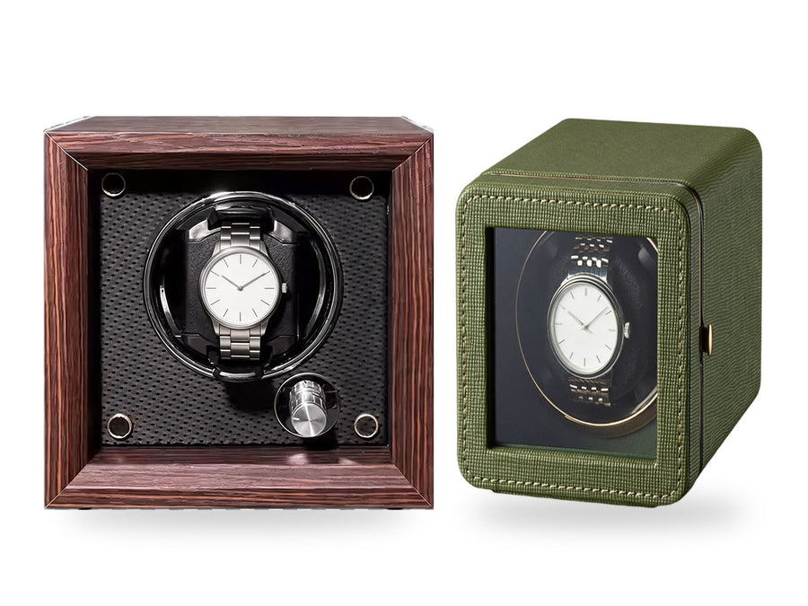 The single winders side by side on a white background, plain unbranded watches on the cushions.