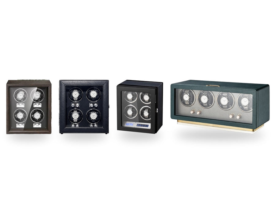 The four winders side by side on a white background, plain unbranded watches on the cushions.