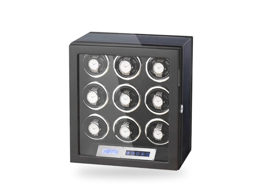 The nine winders side by side on a white background, plain unbranded watches on the cushions.