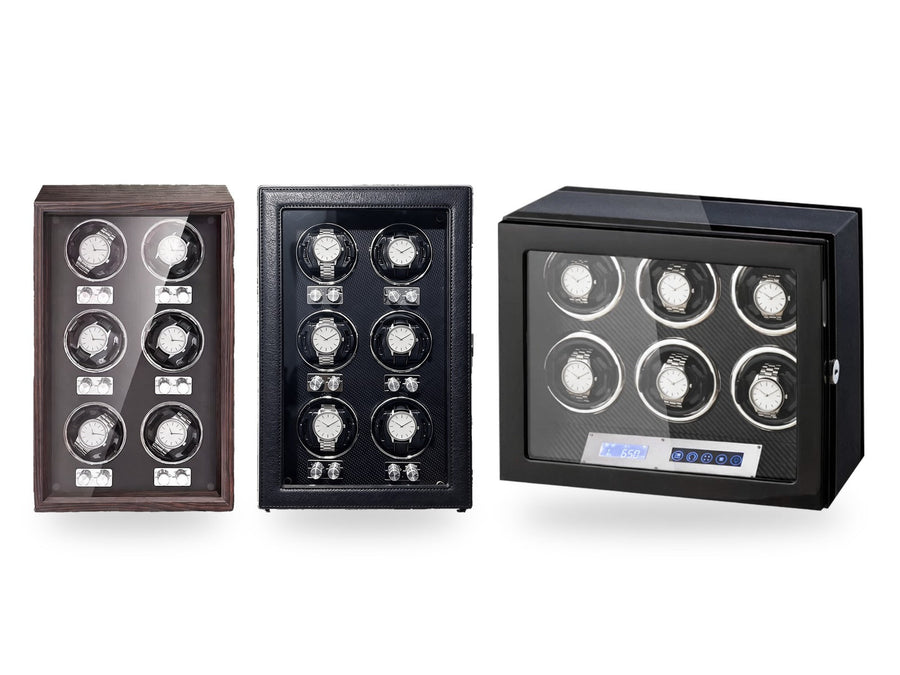 The six winders side by side on a white background, plain unbranded watches on the cushions.