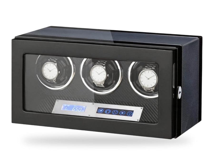 The three winders side by side on a white background, plain unbranded watches on the cushions.