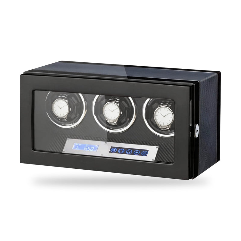 Belgrave three-watch winder, gloss black cabinet with a carbon-effect panel inside, touchscreen and turns-per-day display on the front, on a plain white background, plain unbranded watches on the cushions.