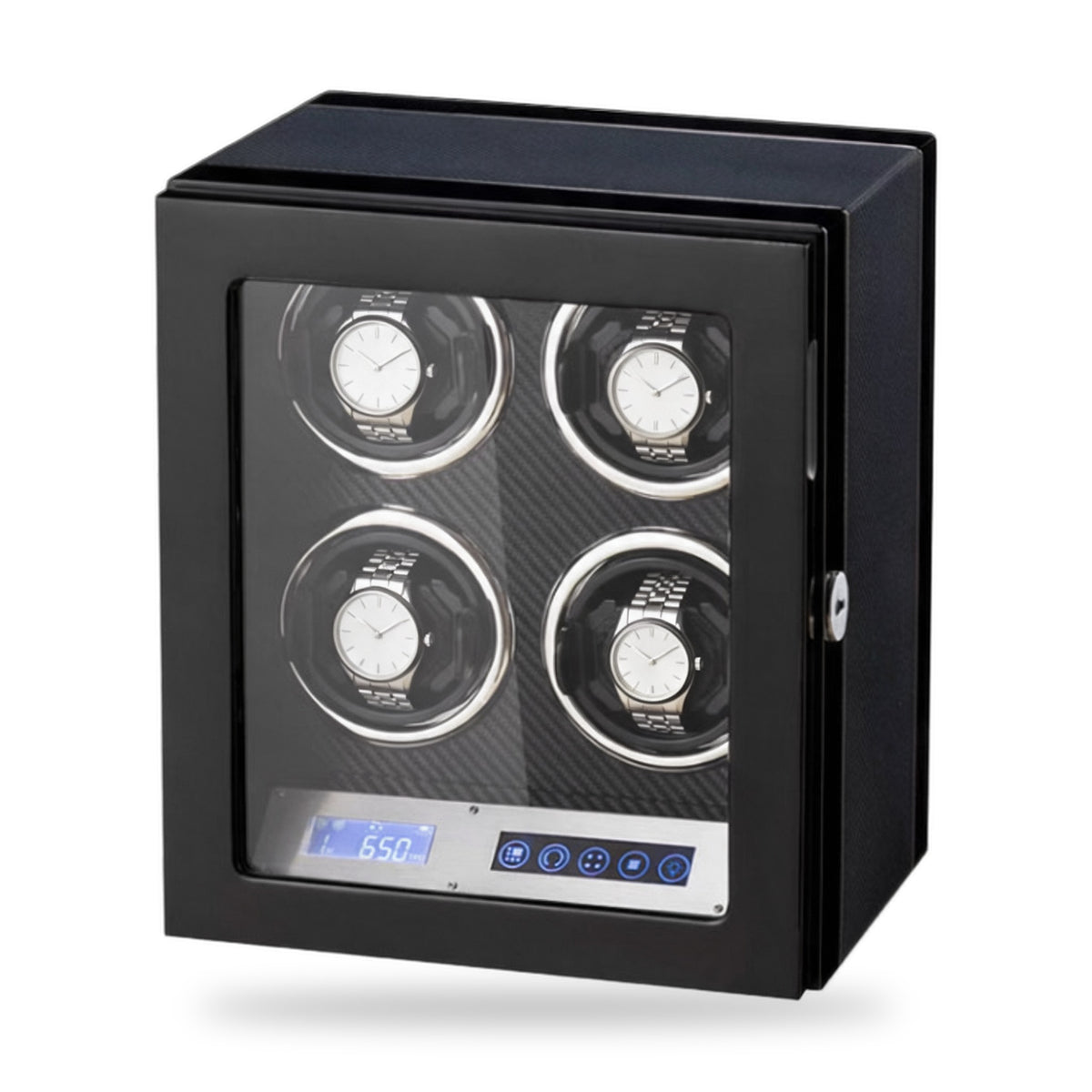 Belgrave four-watch winder, gloss black cabinet with a carbon-effect panel inside, touchscreen and turns-per-day display on the front, on a plain white background, plain unbranded watches on the cushions.