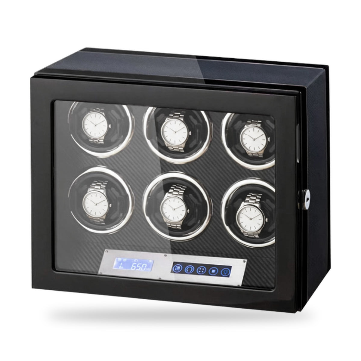Belgrave six-watch winder, gloss black cabinet with a carbon-effect panel inside, touchscreen and turns-per-day display on the front, on a plain white background, plain unbranded watches on the cushions.