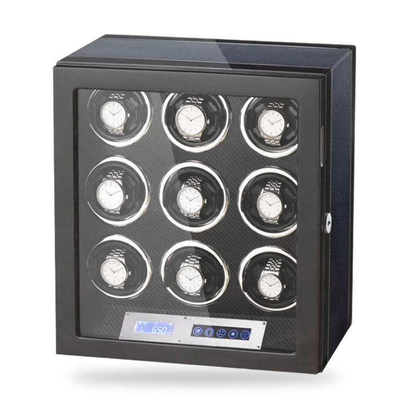 Belgrave nine-watch winder, gloss black cabinet with a carbon-effect panel inside, touchscreen and turns-per-day display on the front, on a plain white background, plain unbranded watches on the cushions.