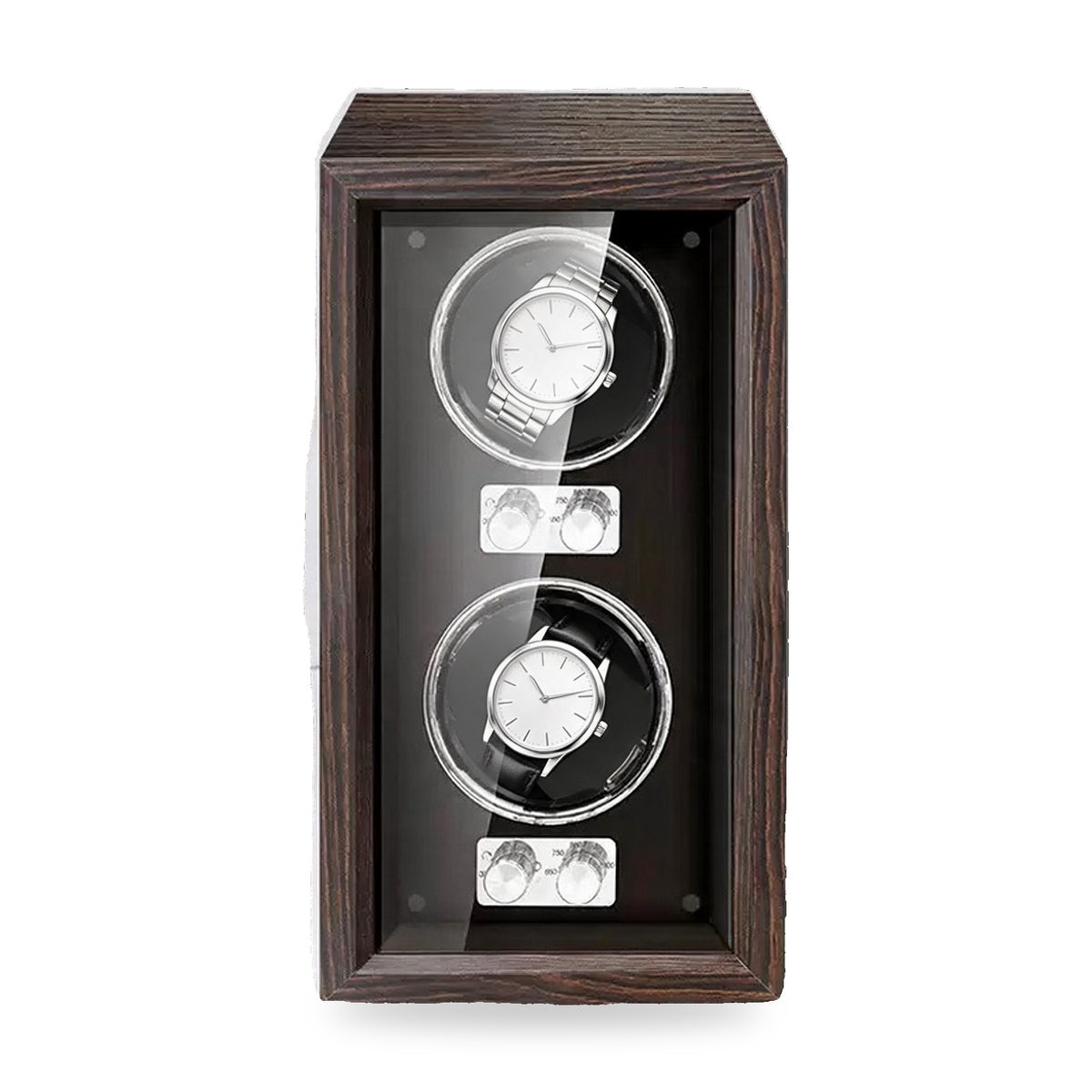 Camborne two-watch winder in black walnut veneer, black interior, on a plain white background, plain unbranded watches on the cushions.