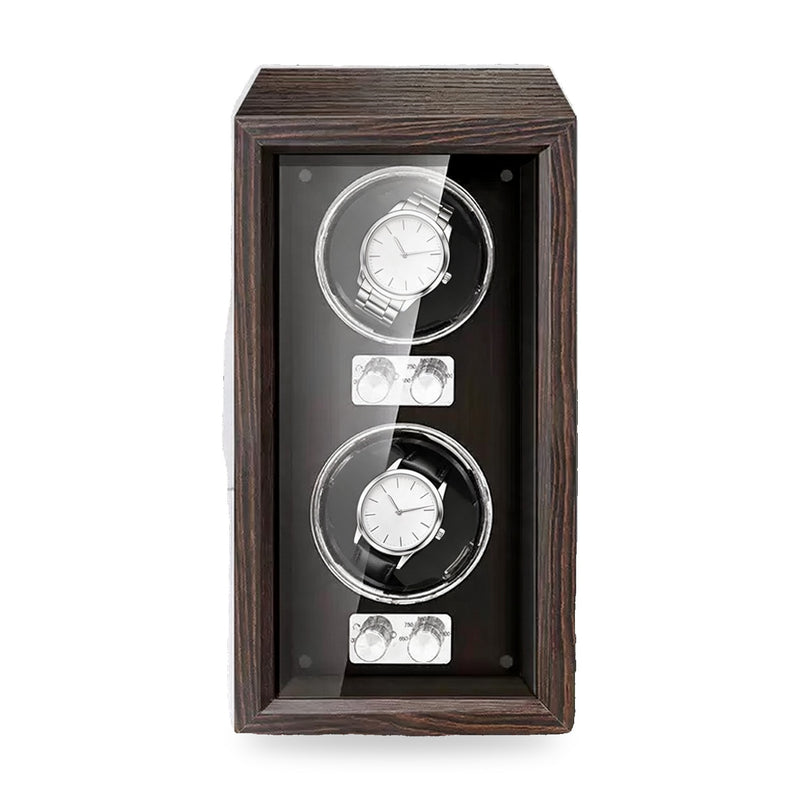 Camborne two-watch winder in black walnut veneer, black interior, on a plain white background, plain unbranded watches on the cushions.