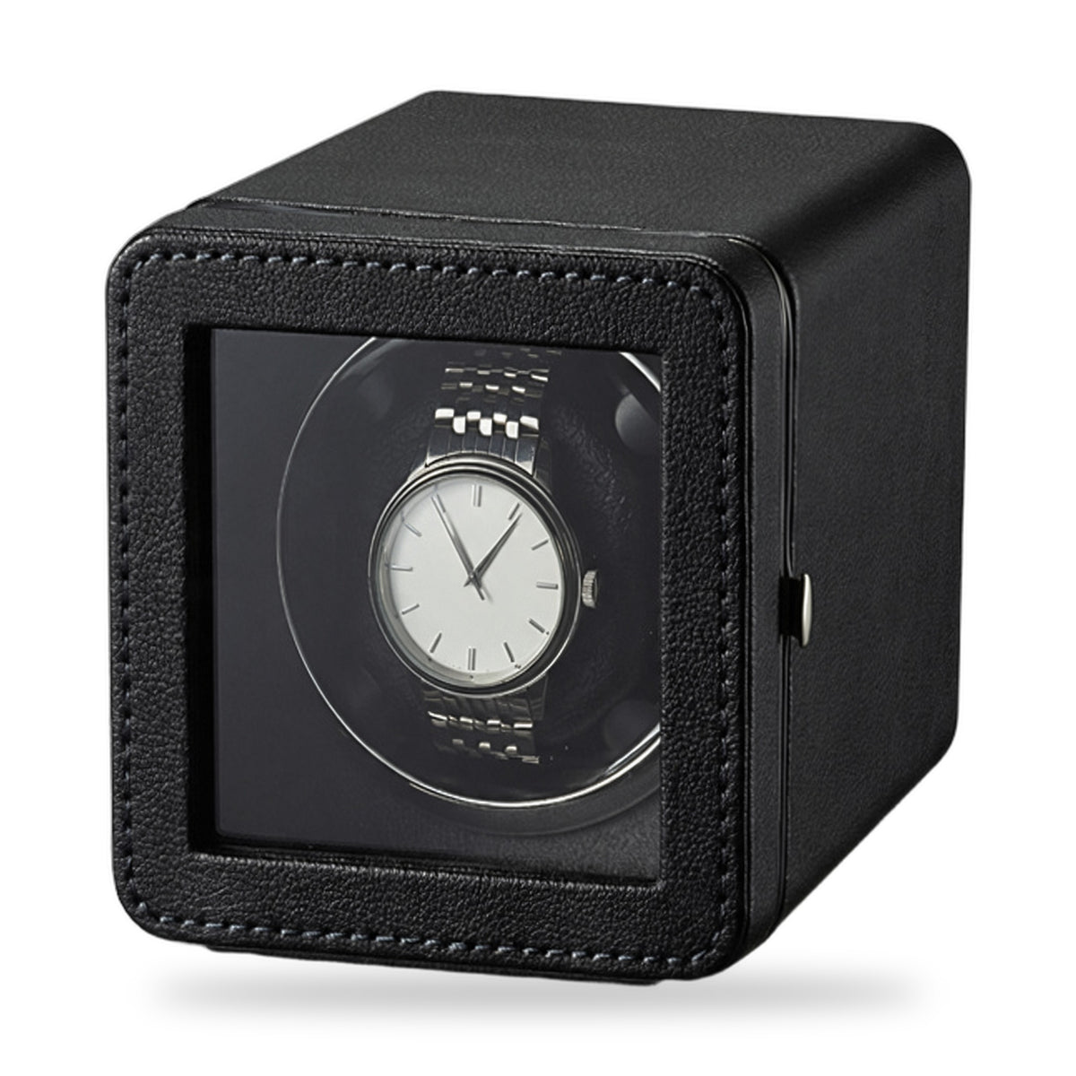 Hadley single watch winder, black case in stitched PU leather, glass door, on a plain white background, a plain unbranded watch on the cushion.