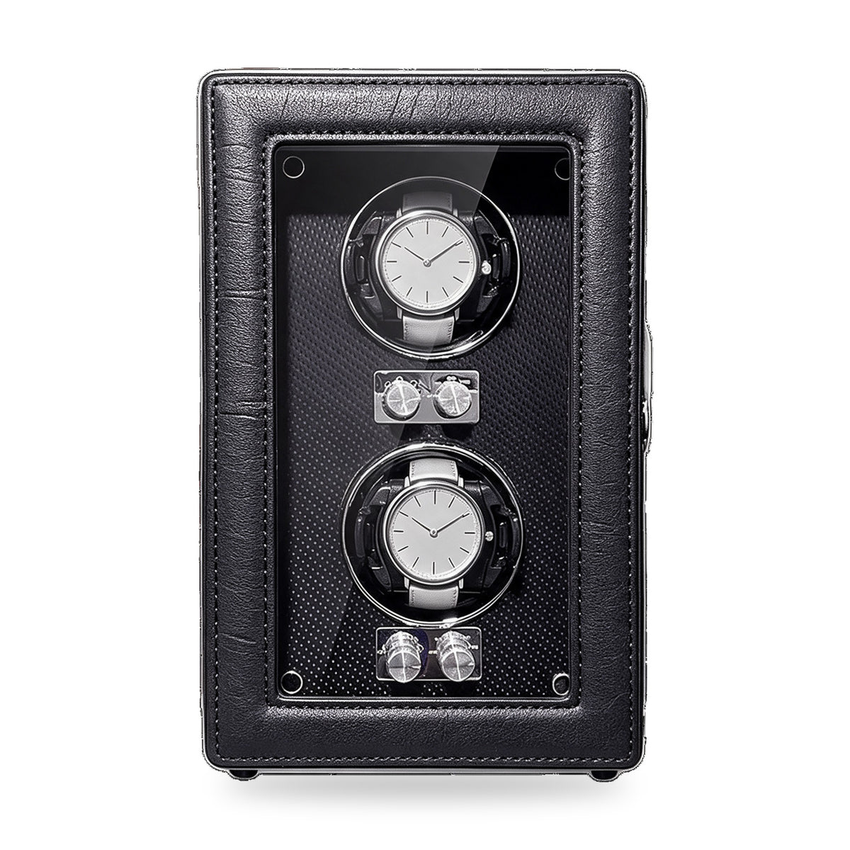 Harcourt 2 two-watch winder in stitched premium PU leather, on a plain white background, plain unbranded watches on the cushions.