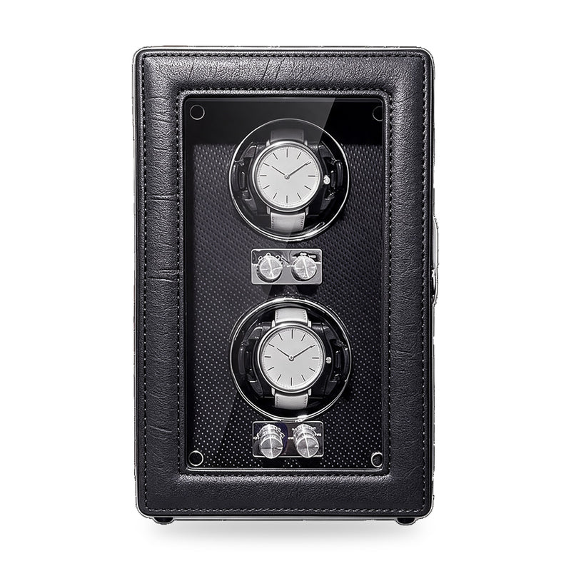 Harcourt 2 two-watch winder in stitched premium PU leather, on a plain white background, plain unbranded watches on the cushions.