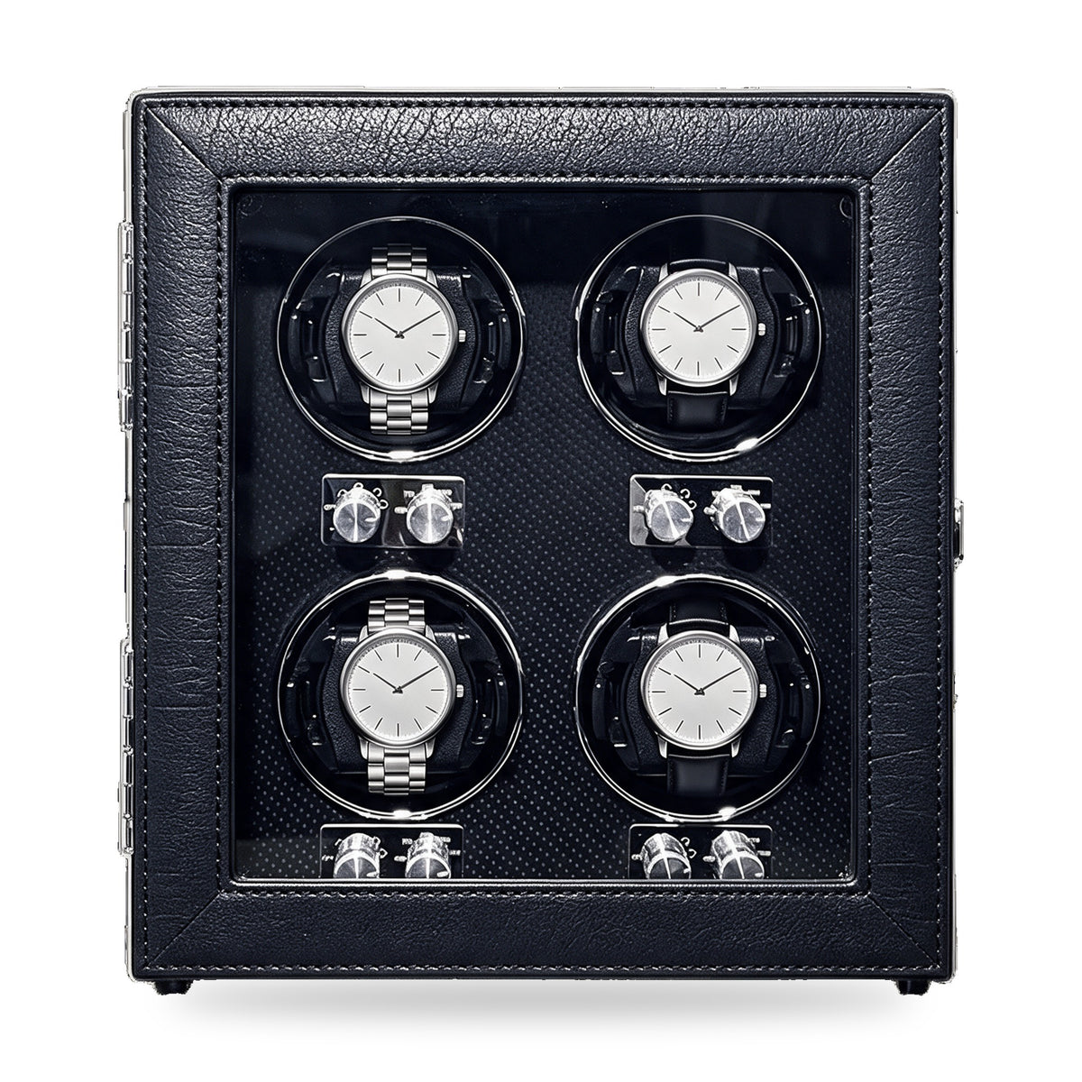Harcourt 4 four-watch winder in stitched premium PU leather, on a plain white background, plain unbranded watches on the cushions.