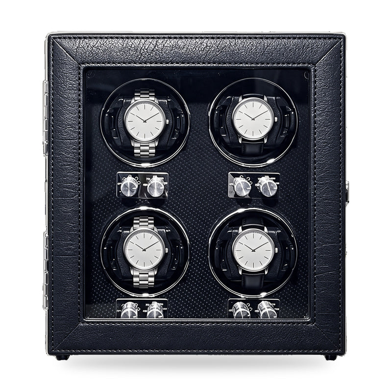 Harcourt 4 four-watch winder in stitched premium PU leather, on a plain white background, plain unbranded watches on the cushions.