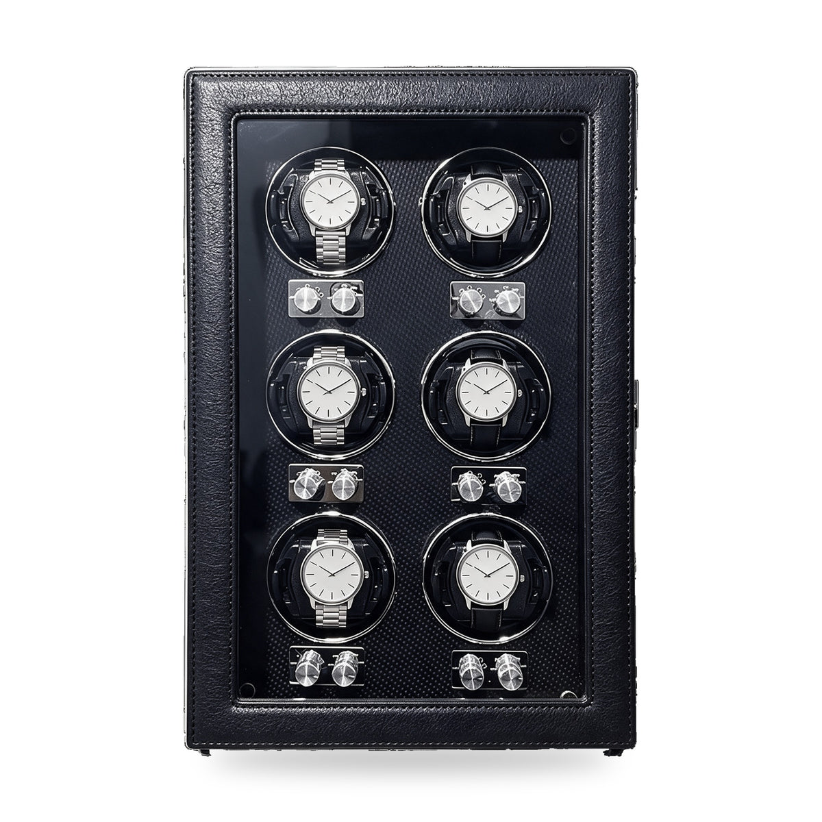 Harcourt 6 six-watch winder in stitched premium PU leather, on a plain white background, plain unbranded watches on the cushions.