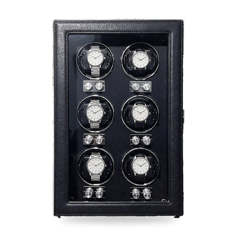 Harcourt 6 six-watch winder in stitched premium PU leather, on a plain white background, plain unbranded watches on the cushions.