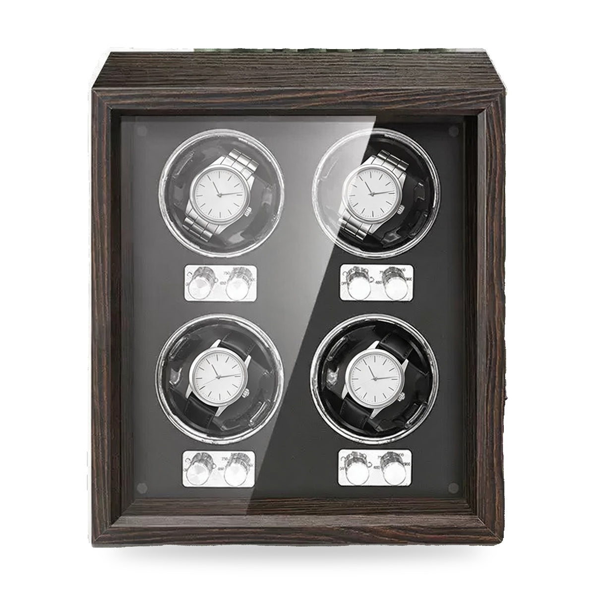Kingsley four-watch winder in black walnut veneer, black interior, on a plain white background, plain unbranded watches on the cushions.
