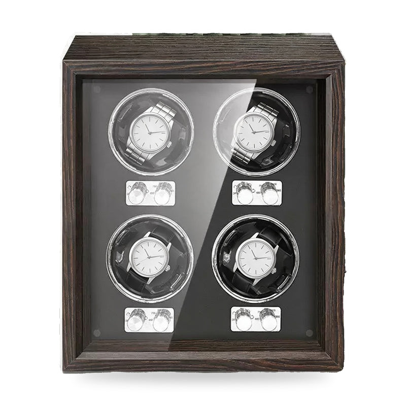 Kingsley four-watch winder in black walnut veneer, black interior, on a plain white background, plain unbranded watches on the cushions.