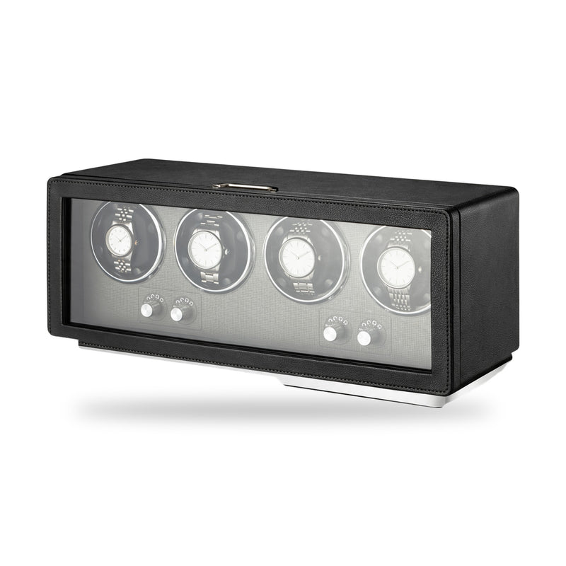 Marlow four-watch winder, black case in PU leather with a grey lining and a brushed metal base, four rotors side by side behind one glass front, on a plain white background, plain unbranded watches on the cushions.