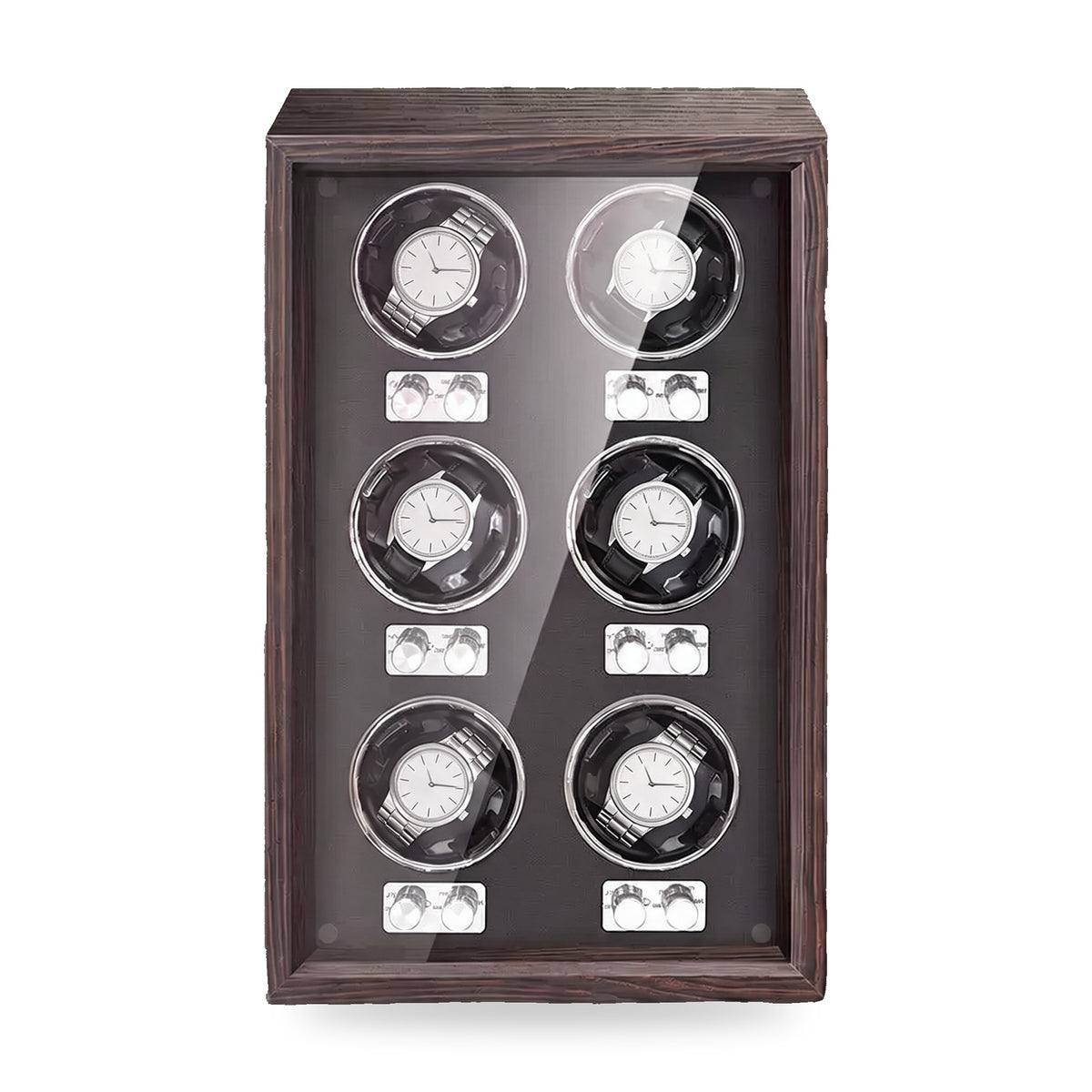Ravenscourt six-watch winder in black walnut veneer, black interior, on a plain white background, plain unbranded watches on the cushions.