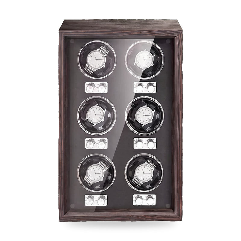 Ravenscourt six-watch winder in black walnut veneer, black interior, on a plain white background, plain unbranded watches on the cushions.