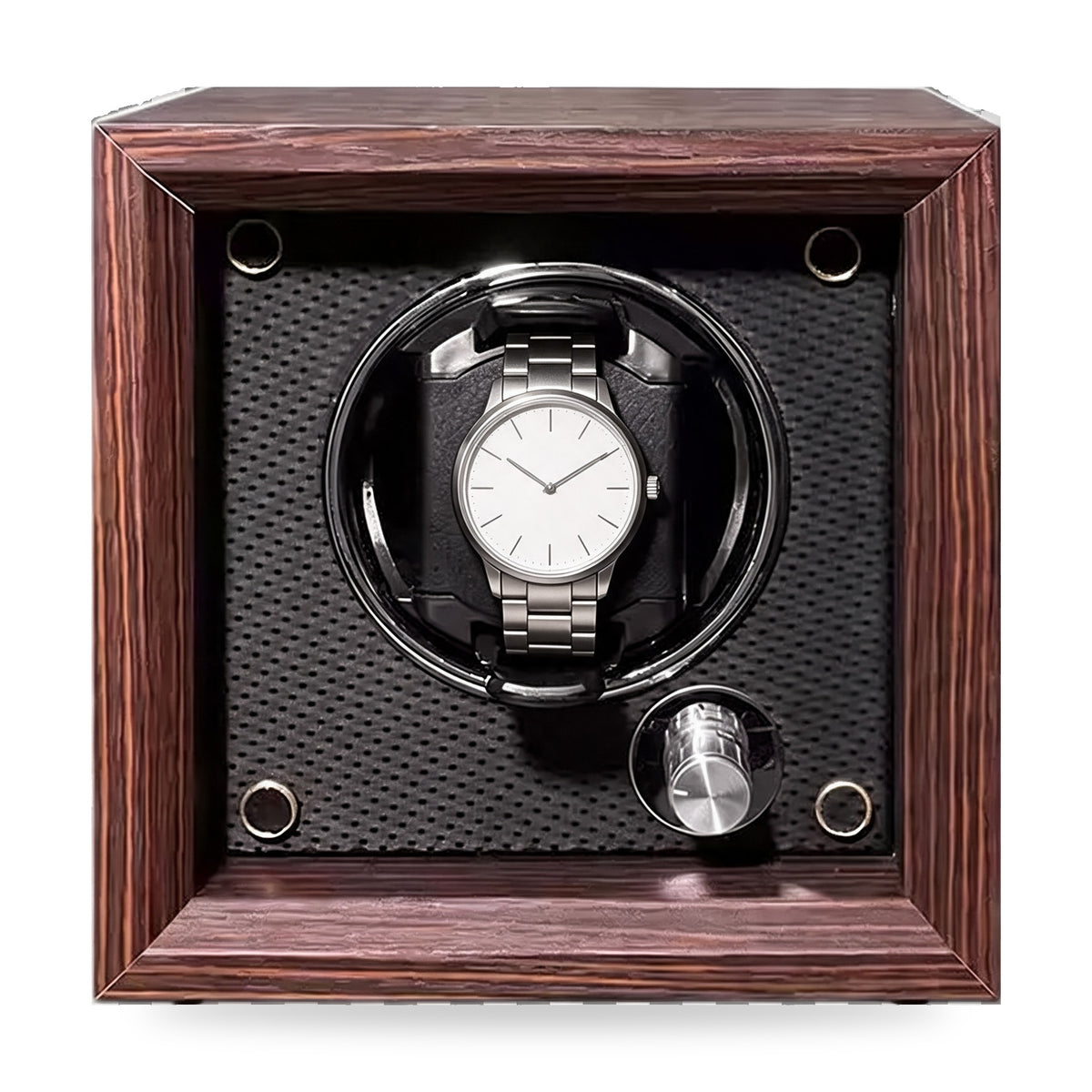 Whitmore single watch winder in black walnut veneer, black interior, on a plain white background, plain unbranded watches on the cushions.