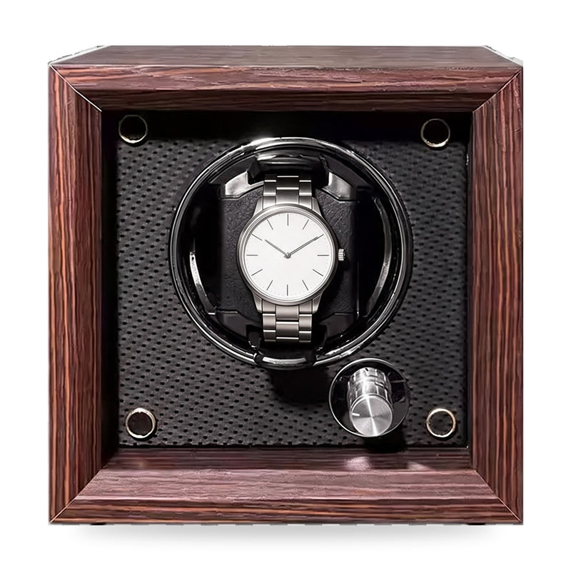 Whitmore single watch winder in black walnut veneer, black interior, on a plain white background, plain unbranded watches on the cushions.